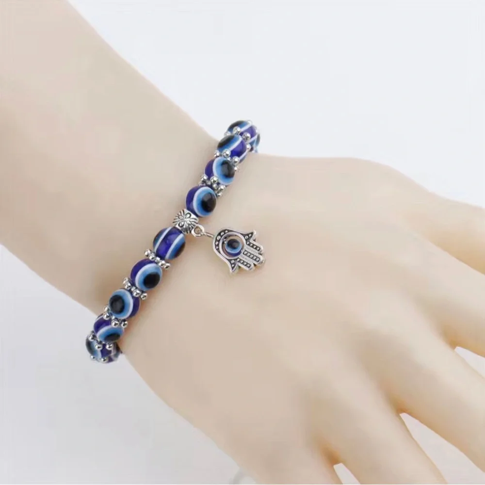 Blue Beaded Evil Eye Stretch Charm Bracelet - Picture 3 of 7